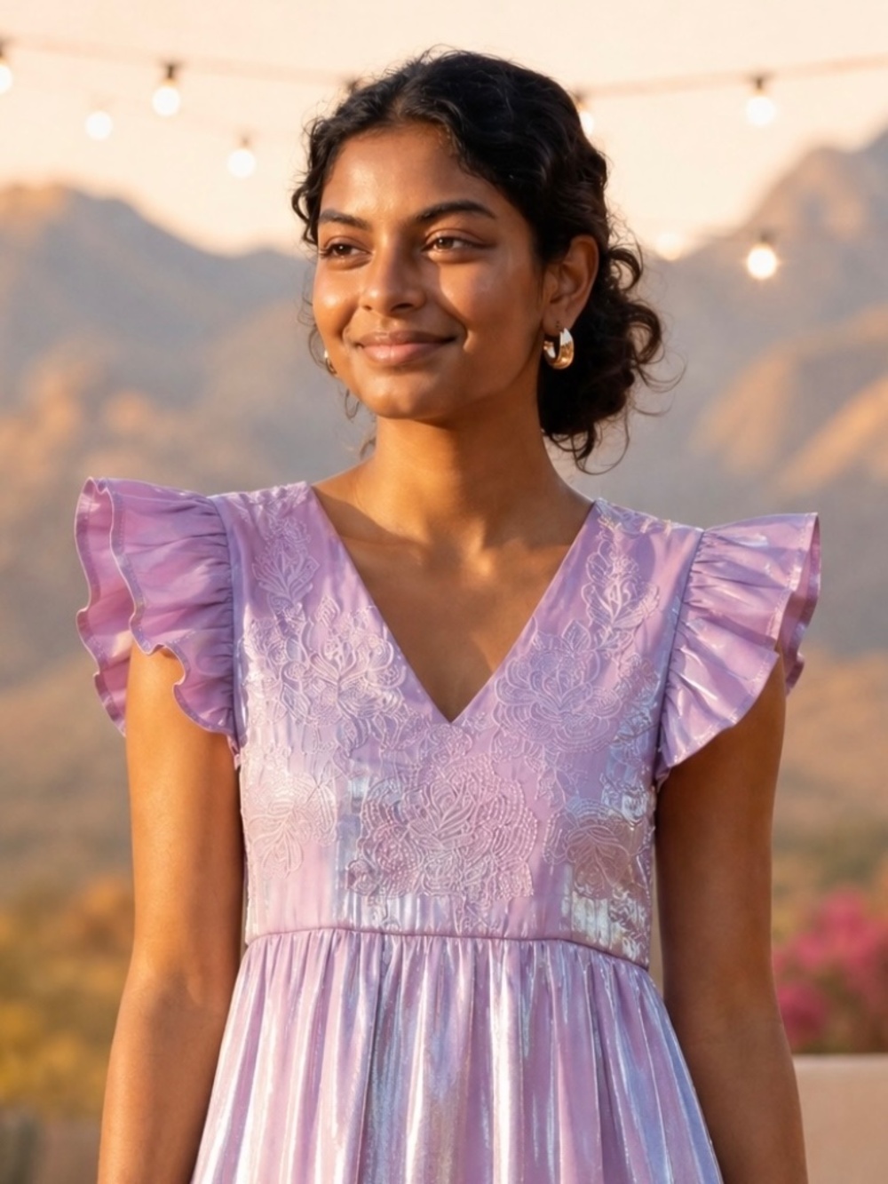 Lavender Iridescent Floral Embroidered Mini Dress | Ruffle Sleeve Tiered - Picture 3 of 5
